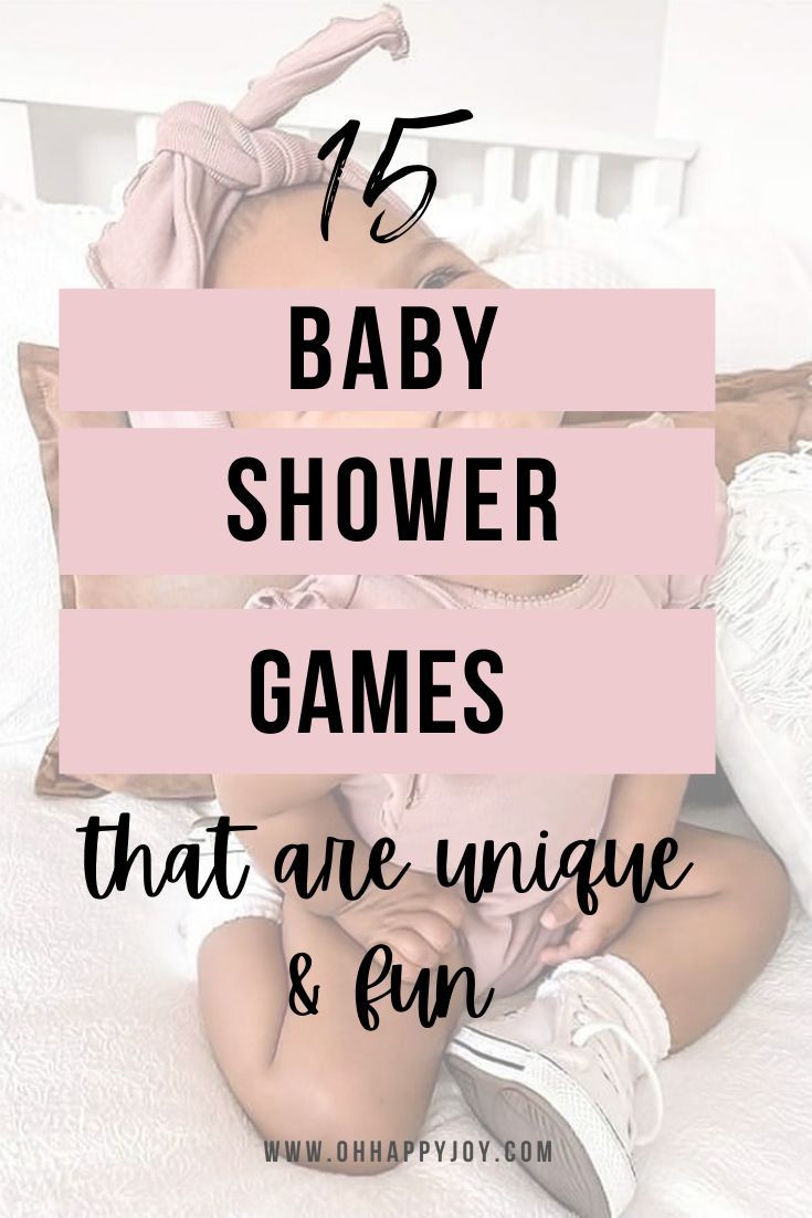 a baby laying on top of a bed with the words, 16 baby shower games that are unique and fun