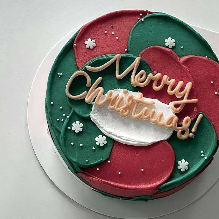 a decorated christmas cake sitting on top of a white plate with the words merry christmas written in frosting