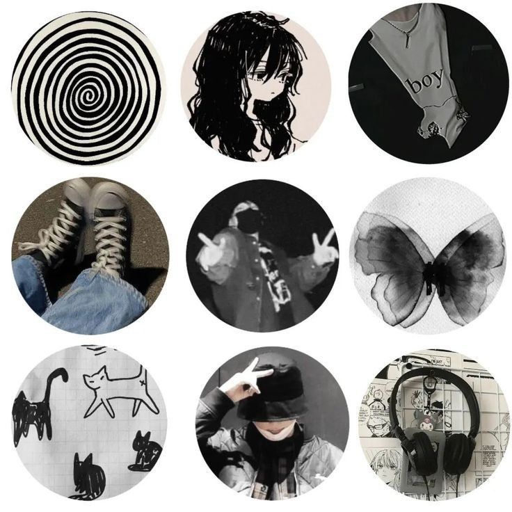 several circular pictures with black and white images