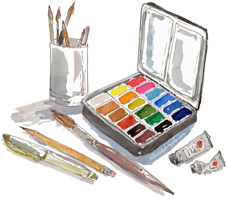 an artist's watercolor and pencil set with paintbrushes, markers and pens