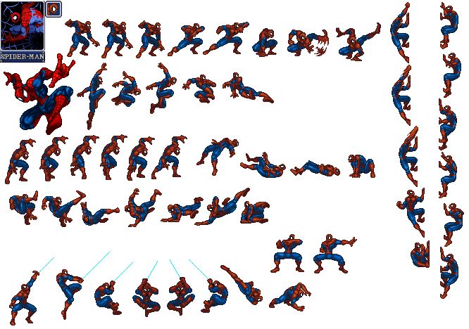 an image of a spider man character sheet in various poses and positions, including the arms and legs