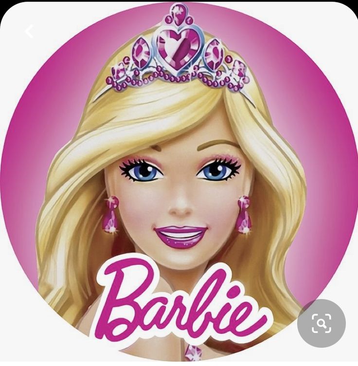 barbie doll with tiara on her head and the word barbie written in large letters