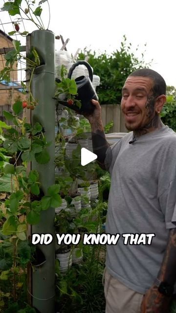 a man with tattoos holding up a potted plant in front of a pole that says, did you know that?