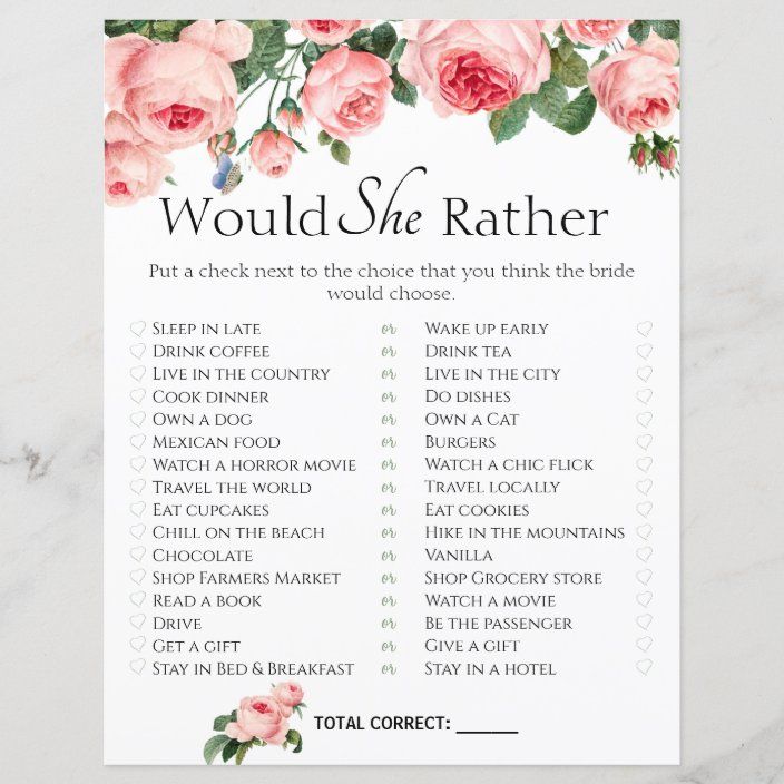 a pink rose wedding wording game with the words, would she rather be married?