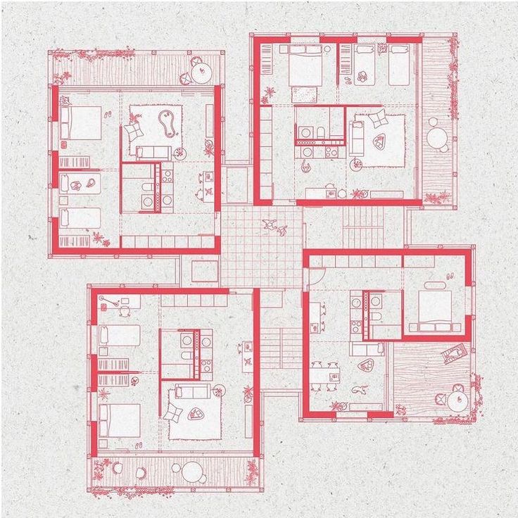 the floor plan of a three bedroom apartment in red on white paper, with four separate rooms