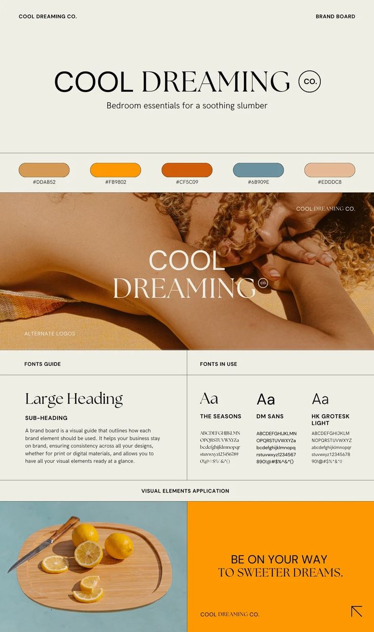 the website design for cool dreaming is shown in orange, blue and yellow colors with an image of a woman laying on her stomach