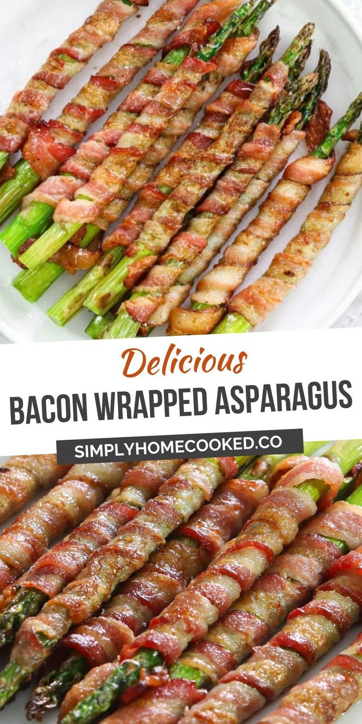 bacon wrapped asparagus on a white plate with the title above it in black text