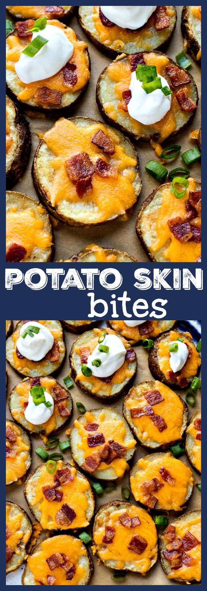 potato skins with bacon, cheese and sour cream on top are shown in this collage