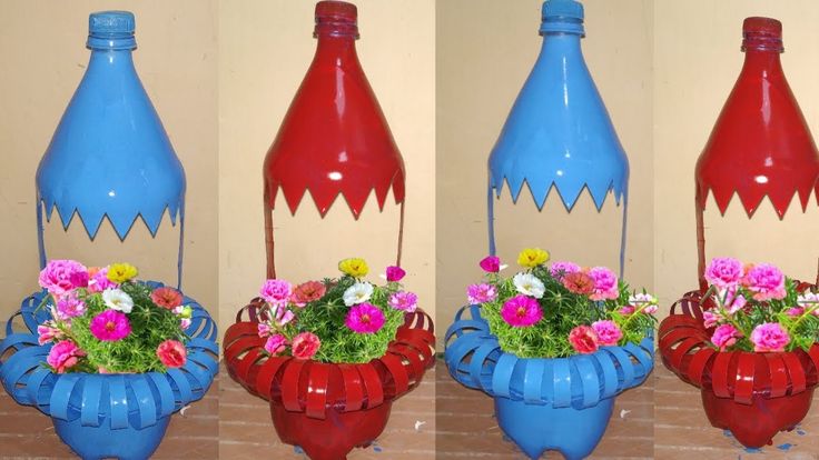 three pictures of red and blue vases with flowers in them