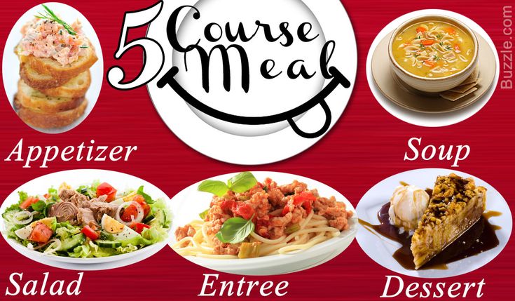 the five course meal is displayed on a red background