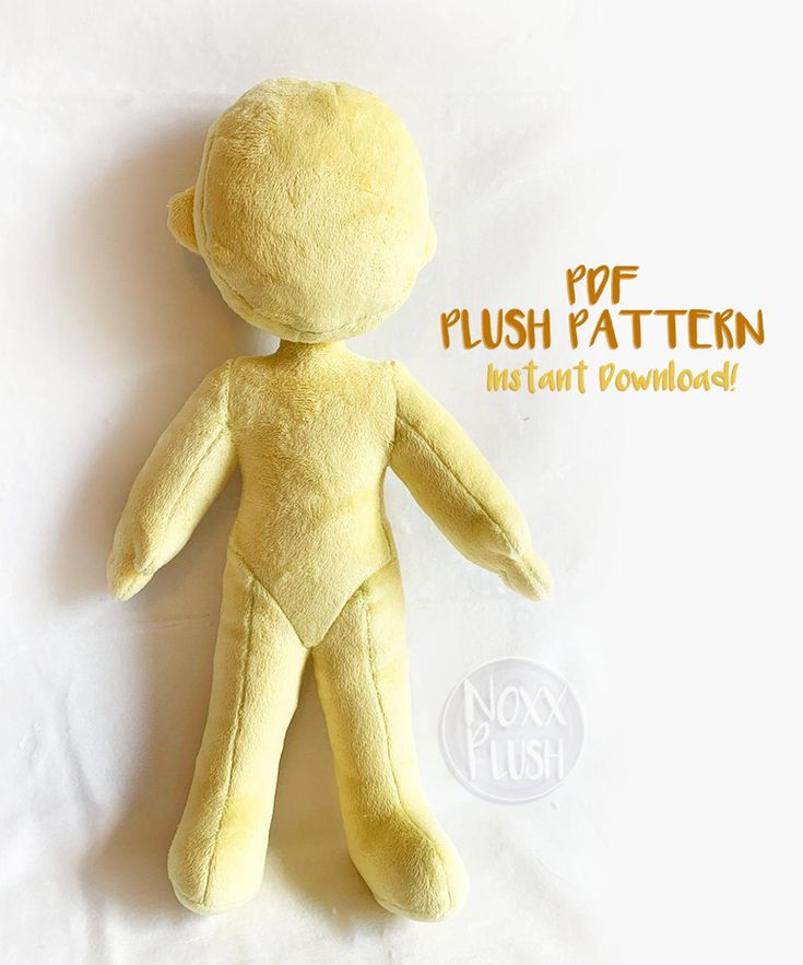 a yellow teddy bear sitting on top of a white sheet with the words dof plush pattern