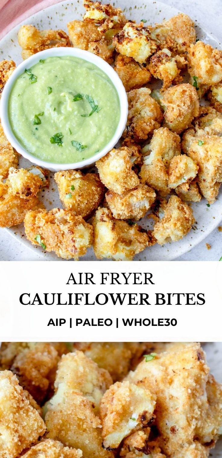 air fryer cauliflower bites on a plate with dipping sauce in the middle