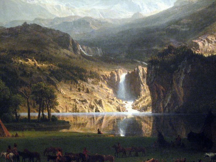 a painting of horses grazing near a mountain lake with waterfall in the distance and people on horseback