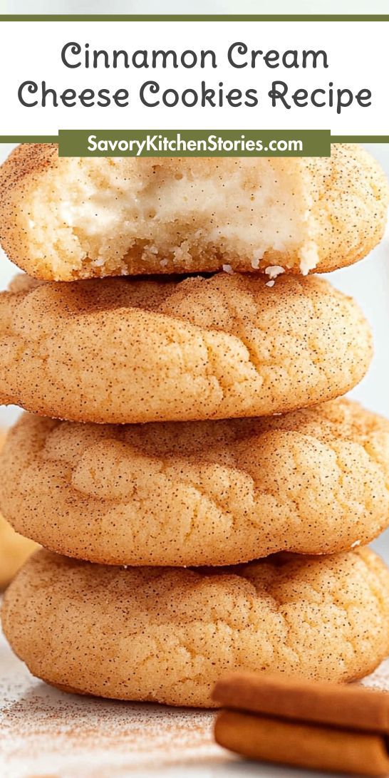 cinnamon cream cheese cookies stacked on top of each other with the title in the middle