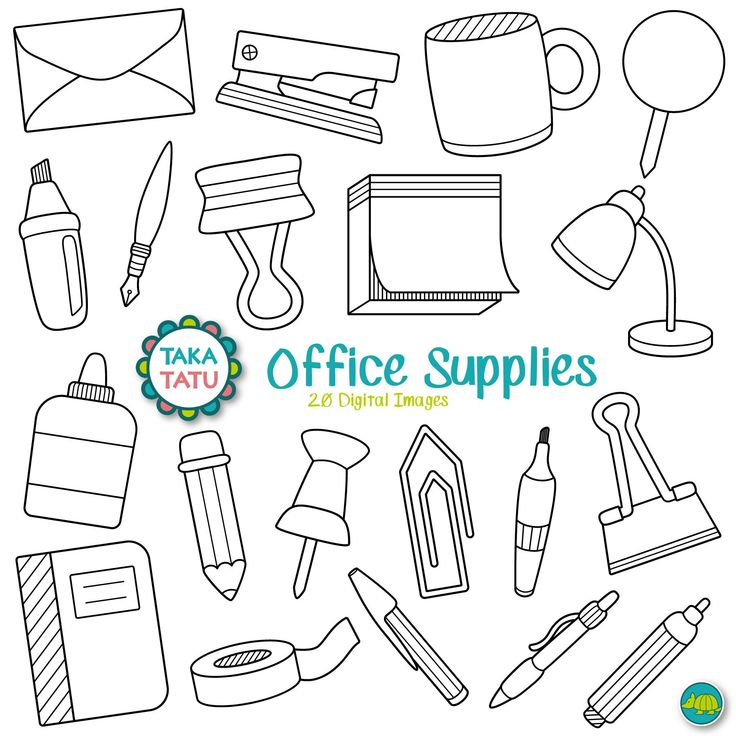 office supplies cliparts for kids to color and print on the back of a white background