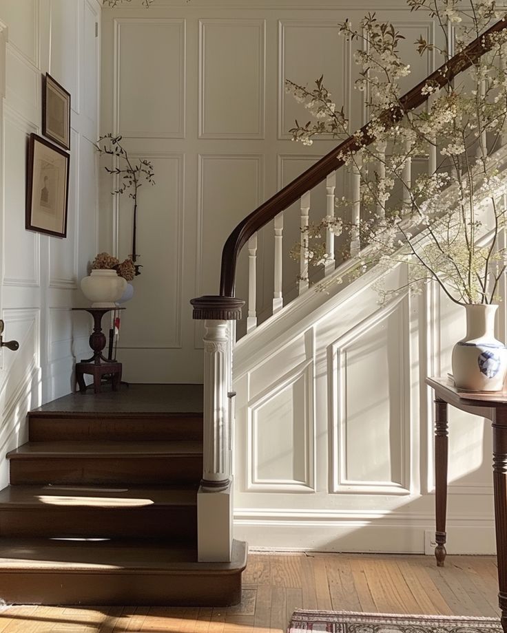 the stairs are lined with flowers in vases on each side and framed by white paneled walls