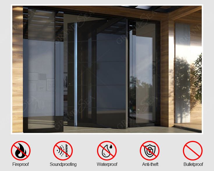 an image of a glass door with warning signs on the side and below it, there is a no entry sign