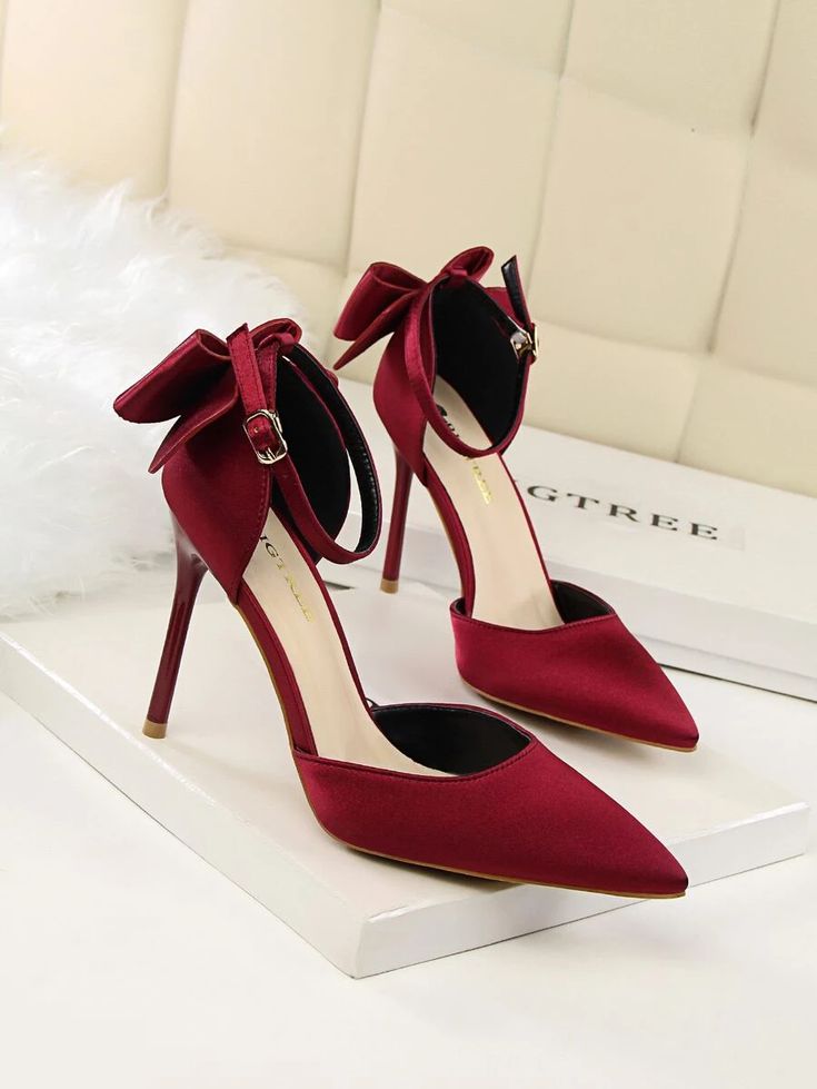 Bow Decor Satin Stiletto Heels | SHEIN USA Small Heel Shoes Elegant, Wedding Red Shoes, High Heels Elegant Style, Wine Red Heels, Wedding Shoes Women, Red Shoes Heels, Red Wedding Shoes, Hak Tinggi, Summer Pumps