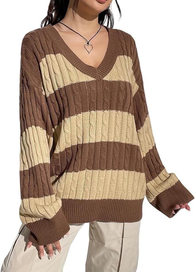 Women Y2K Striped Sweater Vintage Aesthetic Preppy Sweater V Neck Long Sleeve Oversized Cable Knit Jumper Tops Streetwear (Brown, S) at Amazon Women’s Clothing store Grunge Sweaters, Preppy Pullover, Pink Striped Shirt, Fall Sweaters For Women, Oversized Striped Sweater, Striped Shirt Women, Preppy Sweater, Crewneck Sweatshirt Women, Yellow Sweatshirt