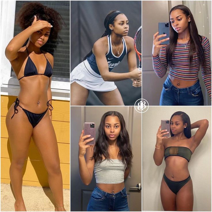 four different pictures of women in bikinis and one is taking a selfie with her cell phone