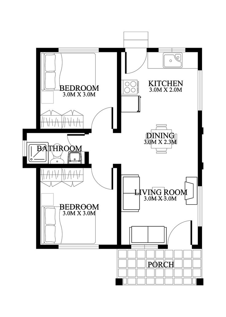 the floor plan for a small house with two bedroom and an attached living room area