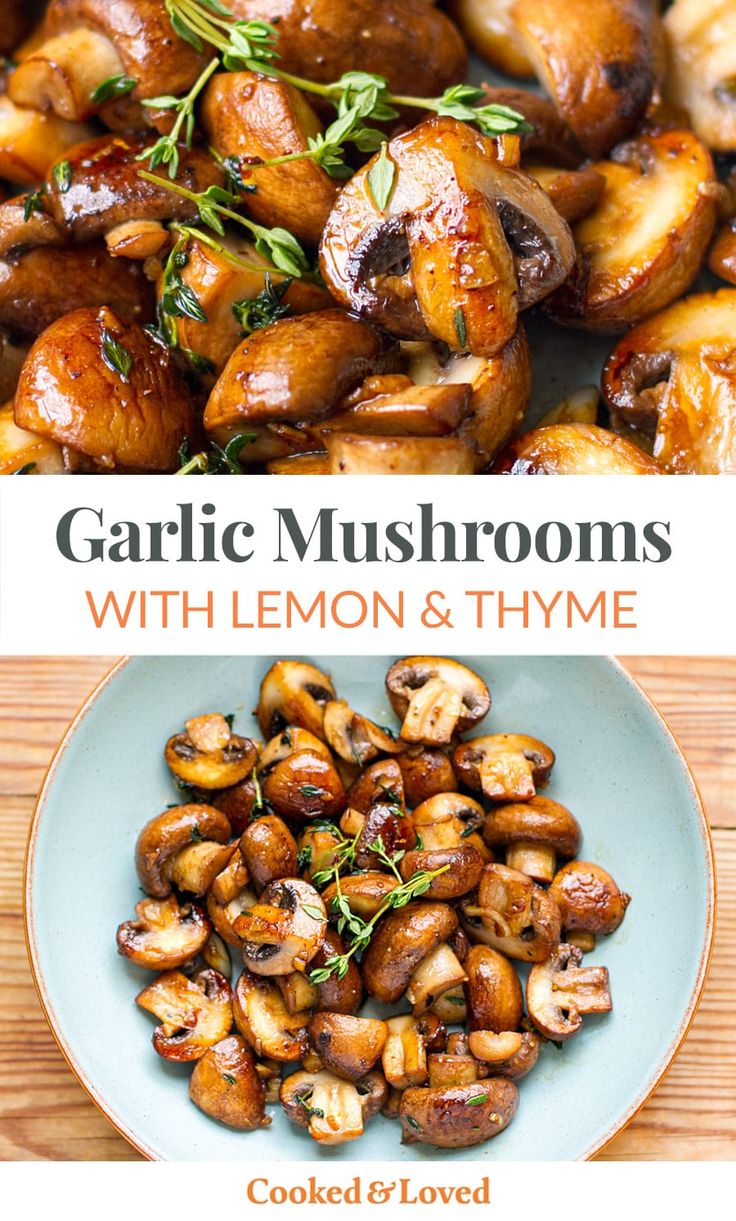 garlic mushrooms with lemon and thyme on a blue plate next to the recipe title