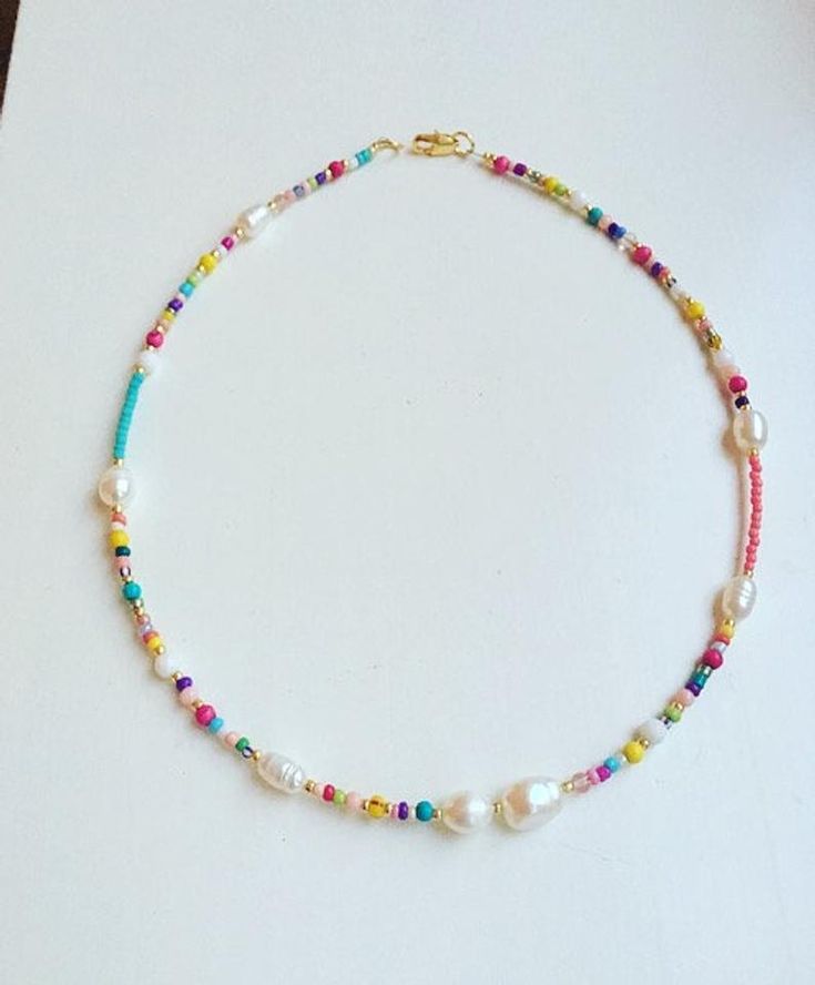 Colourful Bead and Pearl necklace/Colourmix bead and | Etsy Trendy Necklace With Spacer Beads For Summer, Trendy Summer Spacer Beads, Festival Pearl Jewelry With Colorful Beads, Bohemian Pearl Necklace With Colorful Beads As Gift, Bohemian Pearl Necklace With Colorful Beads For Gift, Bohemian Rainbow Jewelry For Summer, Bohemian Rainbow Summer Jewelry, Rainbow Round Beads Necklace For Summer, Rainbow Tiny Beads Necklace For Summer