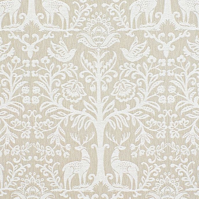 an intricately designed wallpaper with animals and trees on it's side, in white