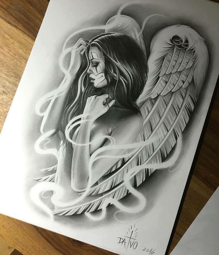 a pencil drawing of an angel with wings on the back of her head and hands to her chest