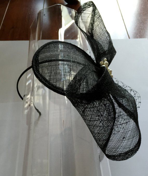 Black Large Pearl Bow Sinamay Fascinator Hat with Veil and | Etsy Elegant Wedding Hats With Ribbon, Elegant Summer Fascinator With Ribbon, Elegant Spring Ceremony Fascinator, Elegant Fitted Fascinator With Ribbon, Sinamay Hat Fascinator For Formal Events, Party Fascinator With Ribbon, Elegant Adjustable Mini Hat With Bow, Elegant Summer Ribbon Fascinator, Elegant Hair Accessories For Spring Ceremonies