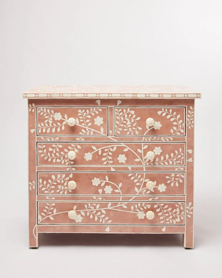 Dimensions: 34"H x 18"D Introducing our exquisite bone inlay furniture, a traditional art form that has been practiced for centuries in India. Each piece is meticulously crafted by hand, ensuring the utmost attention to detail and quality. The intricate bone inlay designs create stunning and unique furniture pieces that are perfect for adding a touch of elegance to any home. These beautiful and timeless pieces are versatile and can complement a variety of decor styles, making them the ideal choi Inlay Dresser, Bone Inlay Dresser, Modern Floral Pattern, Chest Of Drawer, Bone Inlay Furniture, Inlay Furniture, Painted Drawers, Unique Furniture Pieces, Painted Chest