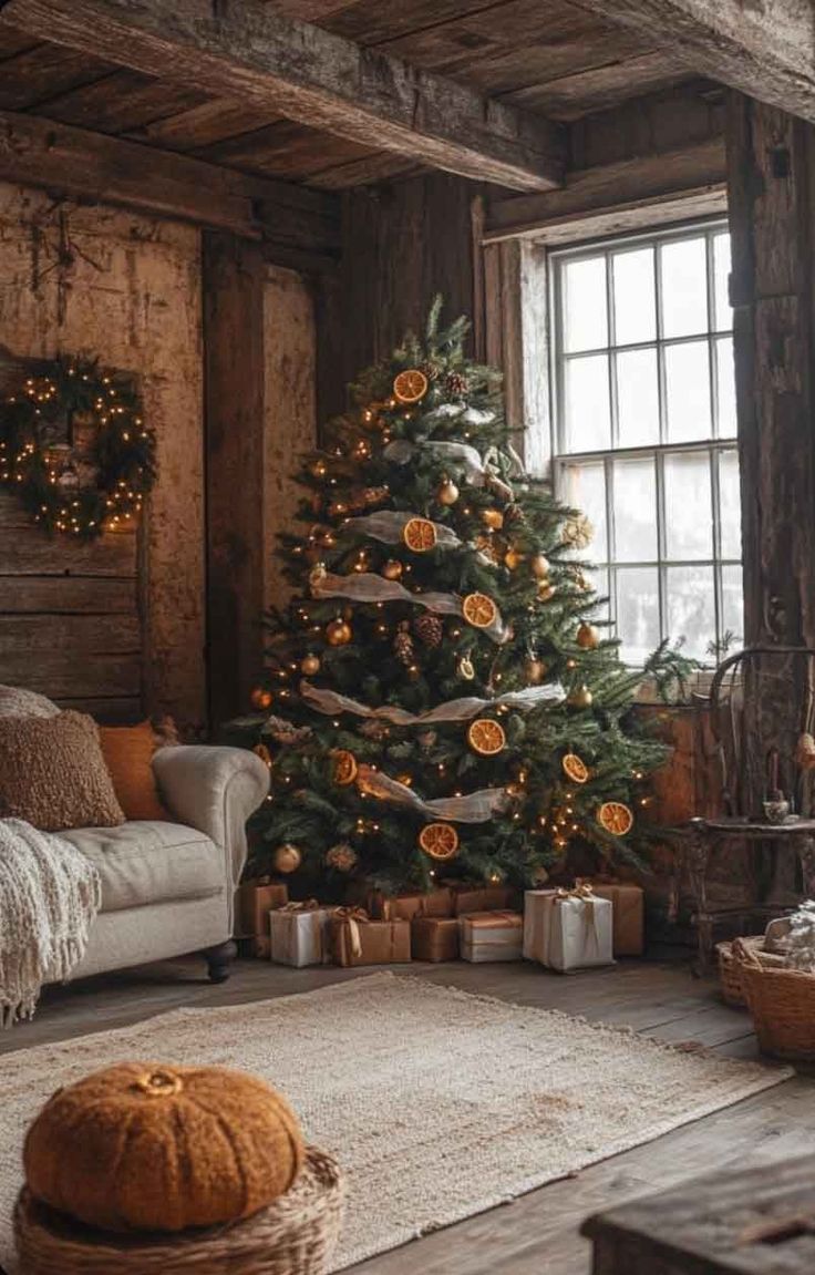 a living room with a christmas tree in the corner