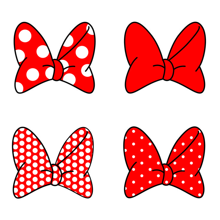 four red bows with white polka dots are shown in three different sizes and shapes,