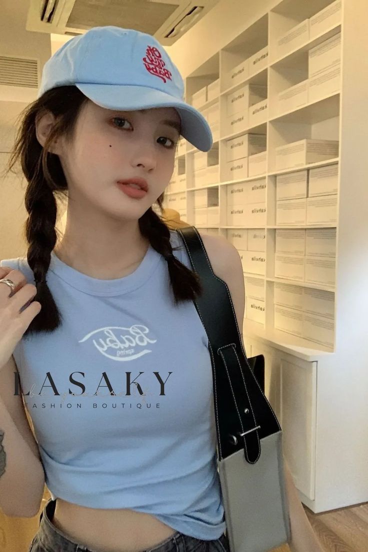 Lasaky - Premium Sleeveless Workwear Suspender Tank Top with White Letter Print Casual Letter Print Vest For Spring, Basic Blue Sleeveless Tank Top, Blue Basic Sleeveless Tank Top, White Letters, Letter Patterns, Letter Print, Fashion Boutique, Letter Prints, Work Wear