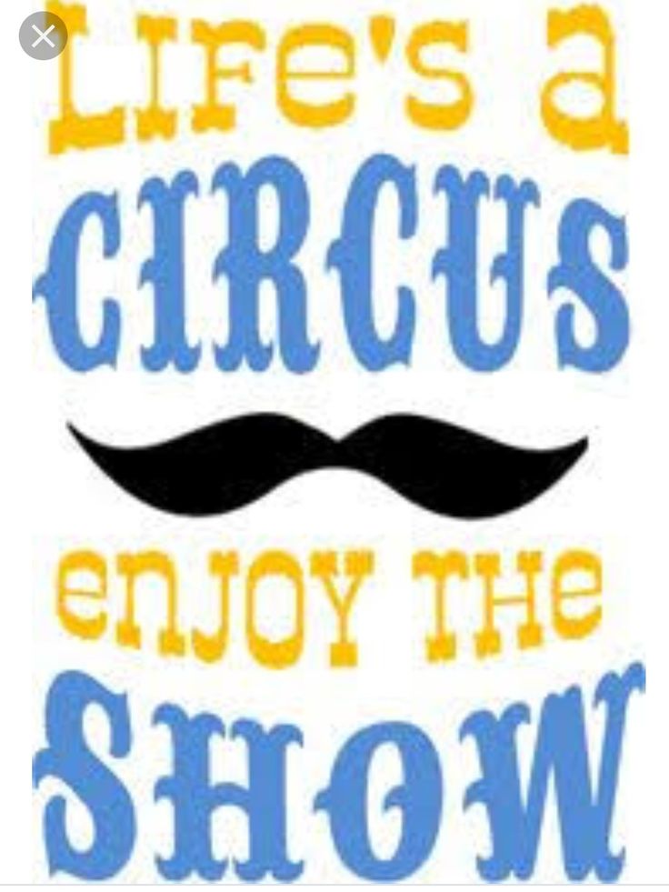 the words life's a circus enjoy the show are in blue, yellow and white