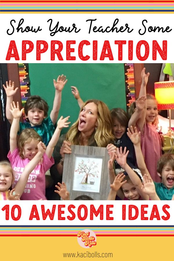 an advertisement for teacher appreciation with children raising their hands in the air and text reading show your teacher some appreciation 10 awesome ideas