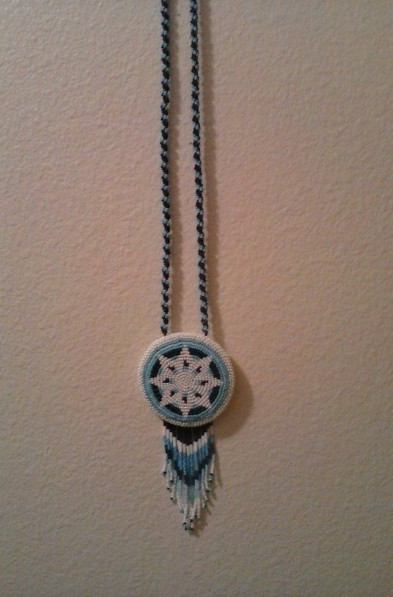 Native American beaded medallion Handmade Adjustable Medallion Necklace, Medallion Beaded Necklace As Gift, Handmade Blue Medallion Necklace, Blue Medallion Necklace For Festivals, Blue Medallion Necklace For Festival, Handmade Blue Crafts For Crafting, Blue Beaded Medallion Necklace, Handmade Blue Beaded Necklace With Round Pendant, Beaded Medallion Native American