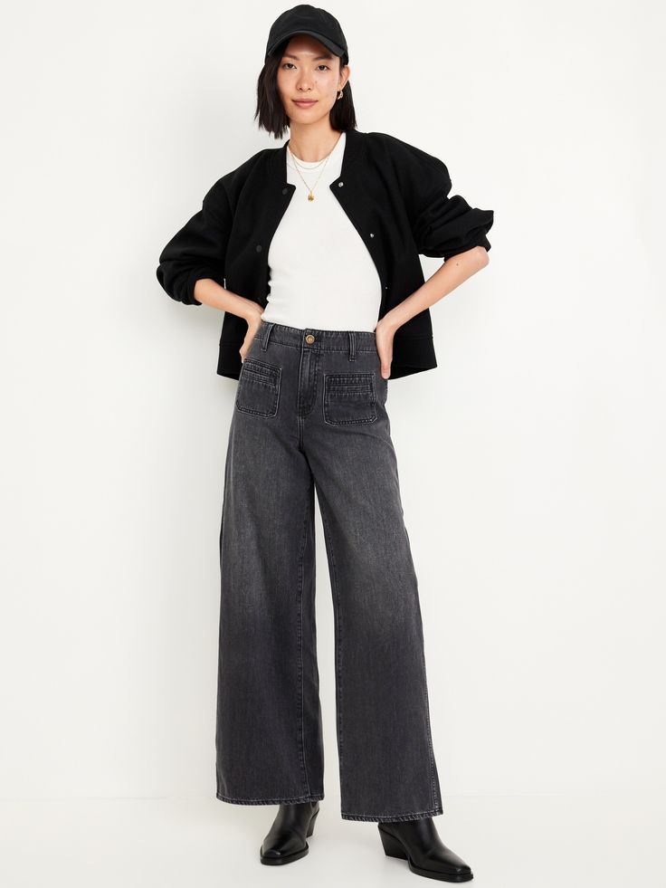 high waisted button front belt loops zip fly front patch pockets back patch pockets sits at belly button super-baggy thigh hits below ankle 30" regular inseam 28" petite inseam 33" tall inseam models are approx.  5'9" and wear sizes s (4), l (12), and xl (18)machine wash according to the care instruction label  . Best Holiday gift for Women , perfect Jeans for Christmas! Black Loose Jeans Outfit, Black Washed Jeans Outfit, Black Wide Leg Jeans Outfit, Loose Jeans Outfit, Smart Casual Jeans, Wash Jeans Outfit, Pants Outfit Work, Tomboy Femme, Black Wide Leg Jeans