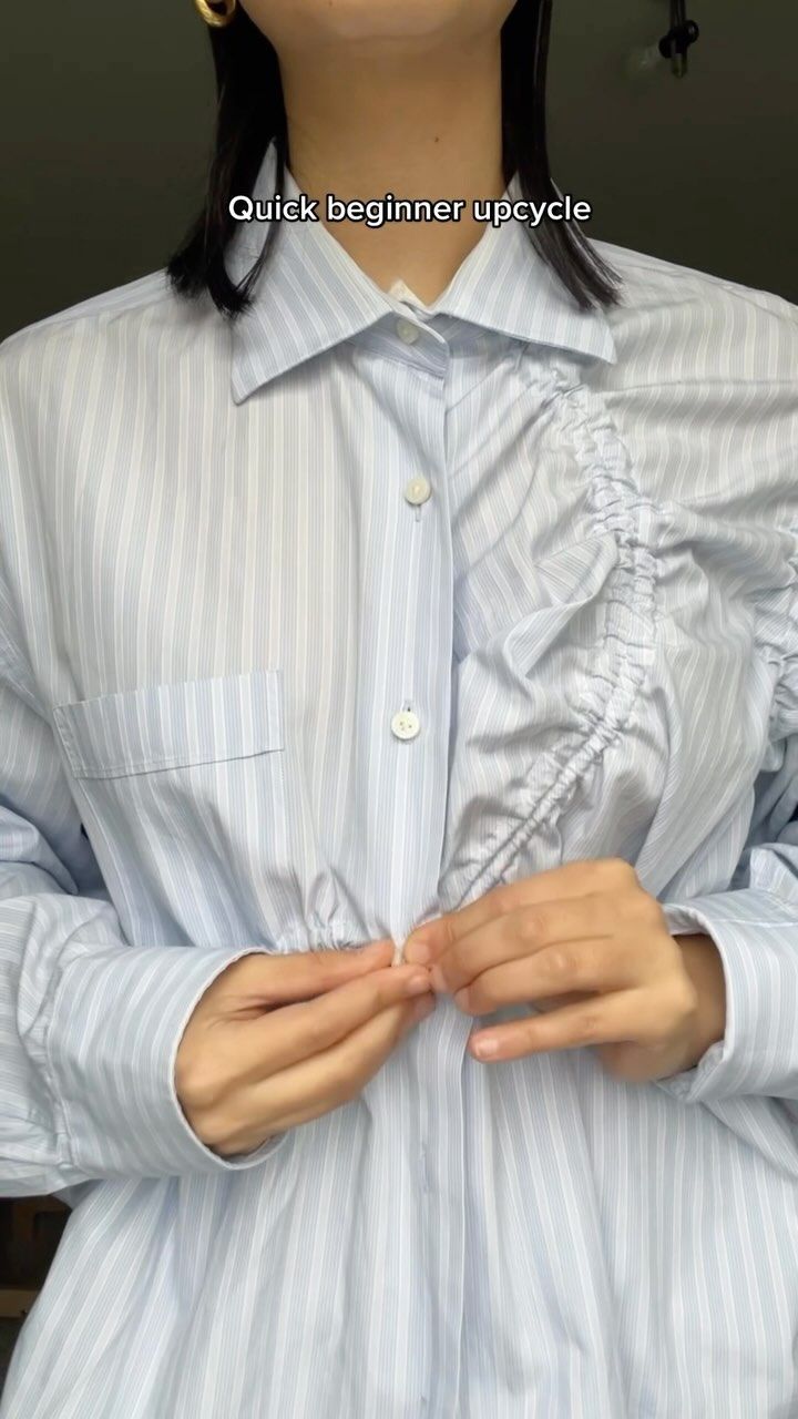 🅿️ | diy rouched dress shirt upcycle #thriftflip #sewing #diyfashion #fashiondesigner #upcycling | Instagram Dress Shirt Upcycle Diy, Upcycle Shirt Ideas, Diy Button Down Shirt Ideas, Sewing Easy Clothes, Upcycle Dress Shirt, Upcycling Shirts Ideas, Mens Shirt Diy, Upcycle Collared Shirt, Button Down Upcycle