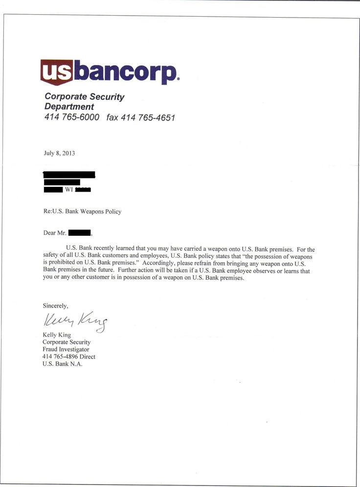 a letter from the u s bank group requesting that it is not accepting an account