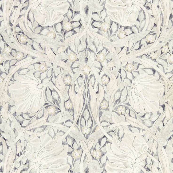 an intricately designed wallpaper with white flowers and leaves on the side, in grey tones