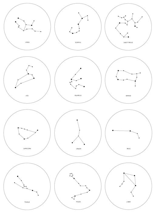 twelve zodiac signs with their names in white and black, including the star sign as well as