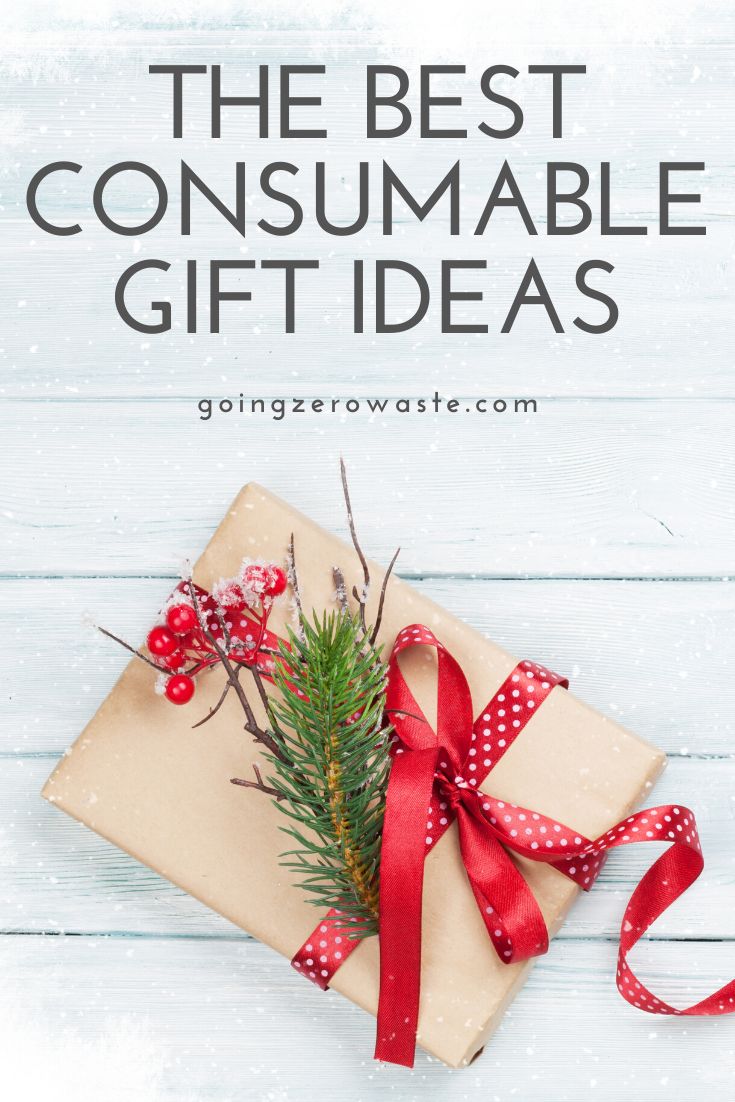 a present wrapped in brown paper with red ribbon on top and the words, the best consumable gift ideas