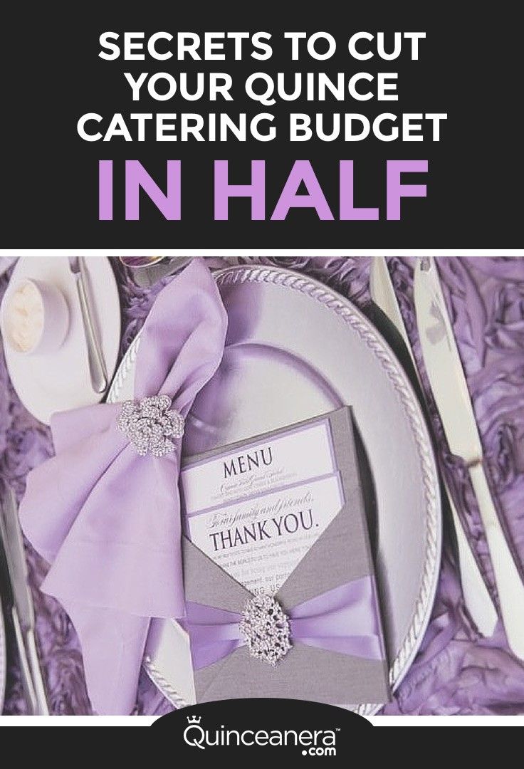 there is a purple plate and silverware on the table with text that reads secrets to cut your quince catering budget in half