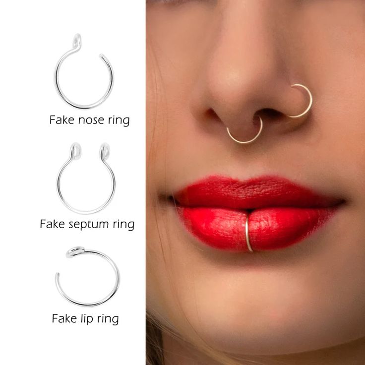 a woman with red lipstick and piercings on her nose is shown in three different ways