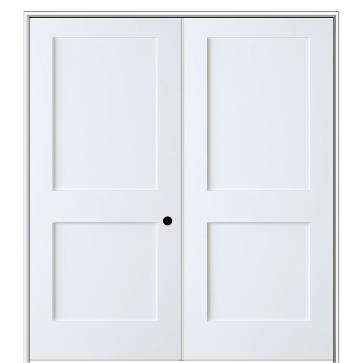 two white doors with black knobs on the top and bottom, against a white background