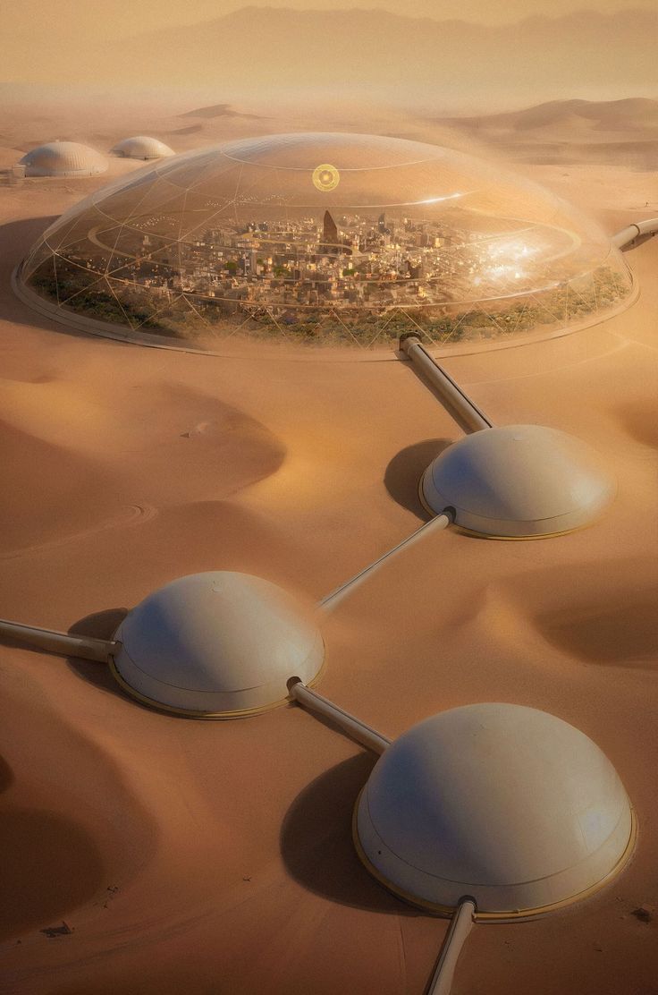 an artist's rendering of a futuristic city in the middle of desert with sand dunes