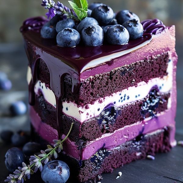 a piece of cake with blueberries on top and purple icing, sitting next to some berries