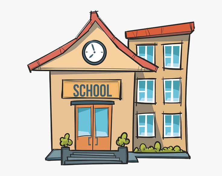 a drawing of a school building with a clock on the front and side of it