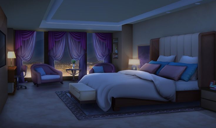 a large bed sitting in a bedroom next to a window with purple drapes on it